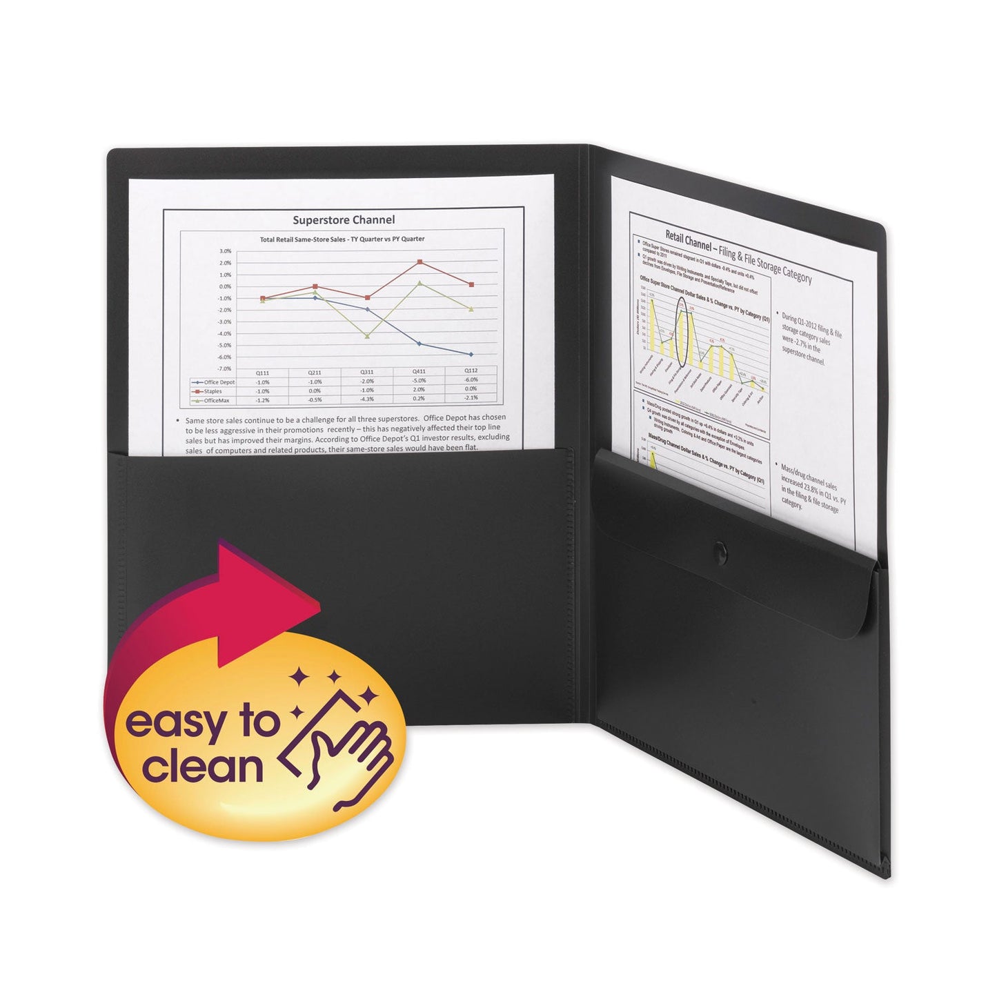 Smead Poly Two-Pocket Folder with Snap Closure Security Pocket, 100-Sheet Capacity, 11 x 8.5, Black, 5/Pack
