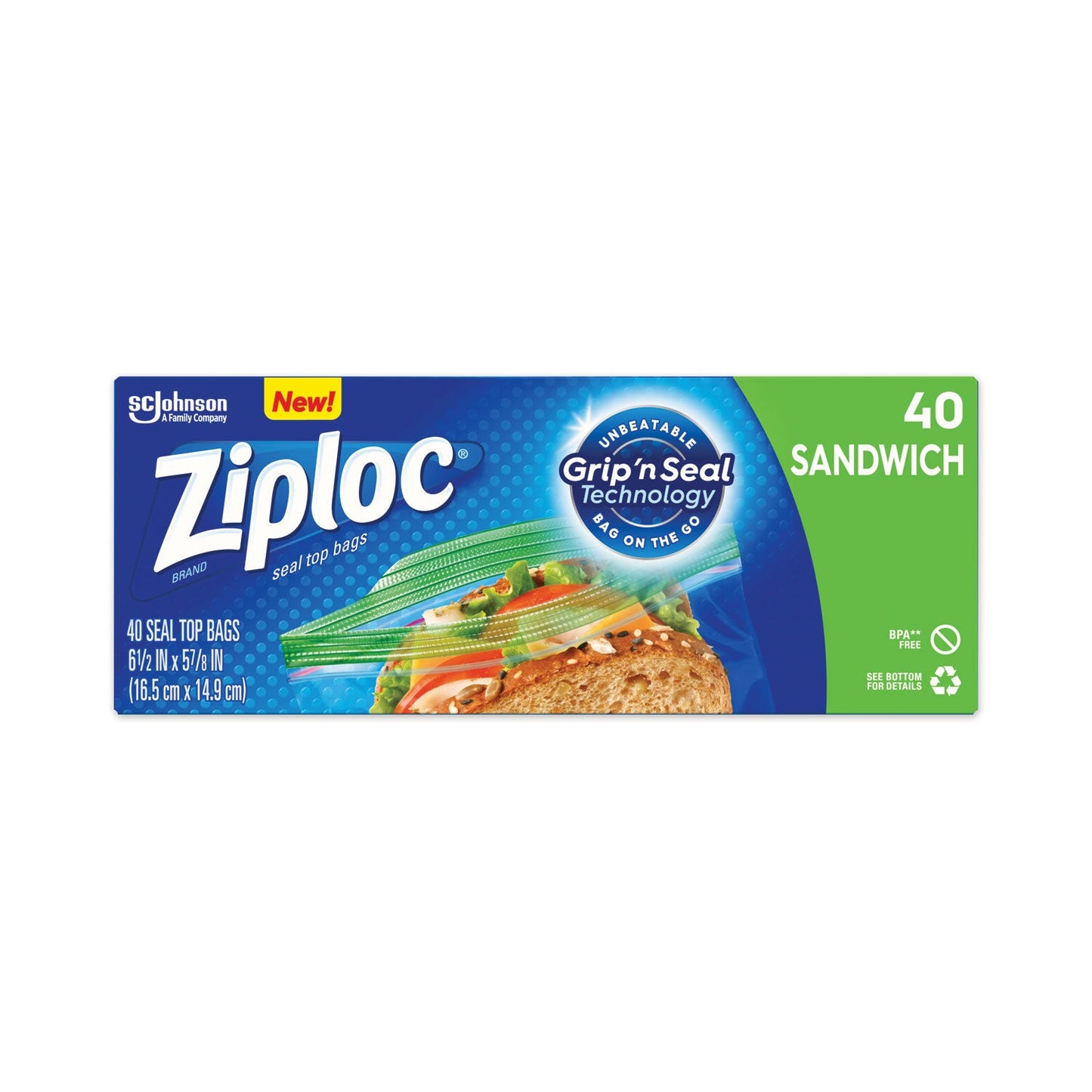 Ziploc Resealable Sandwich Bags, 1.2 mil, 6.5" x 5.88", Clear, 40/Box