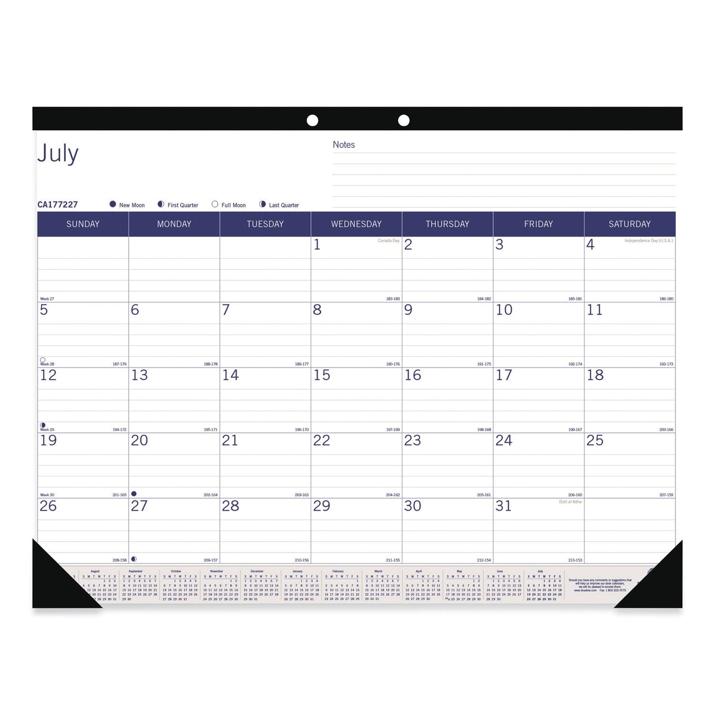 Blueline Academic Monthly Desk Pad Calendar, 22 x 17, White/Blue/Gray Sheets, Black Binding/Corners, 13-Month (July-July): 2022-2023