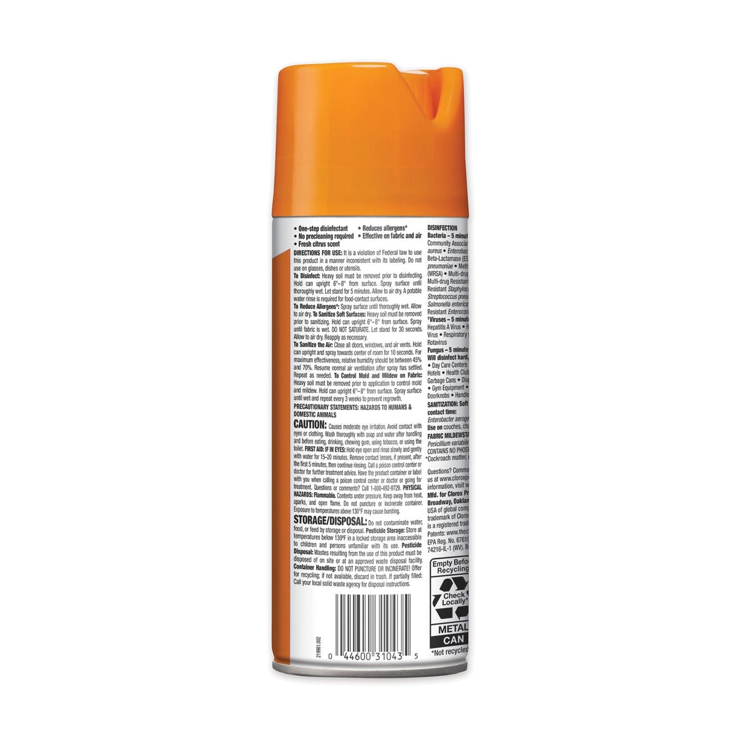 Clorox 4-in-One Disinfectant and Sanitizer, Citrus, 14 oz Aerosol Spray