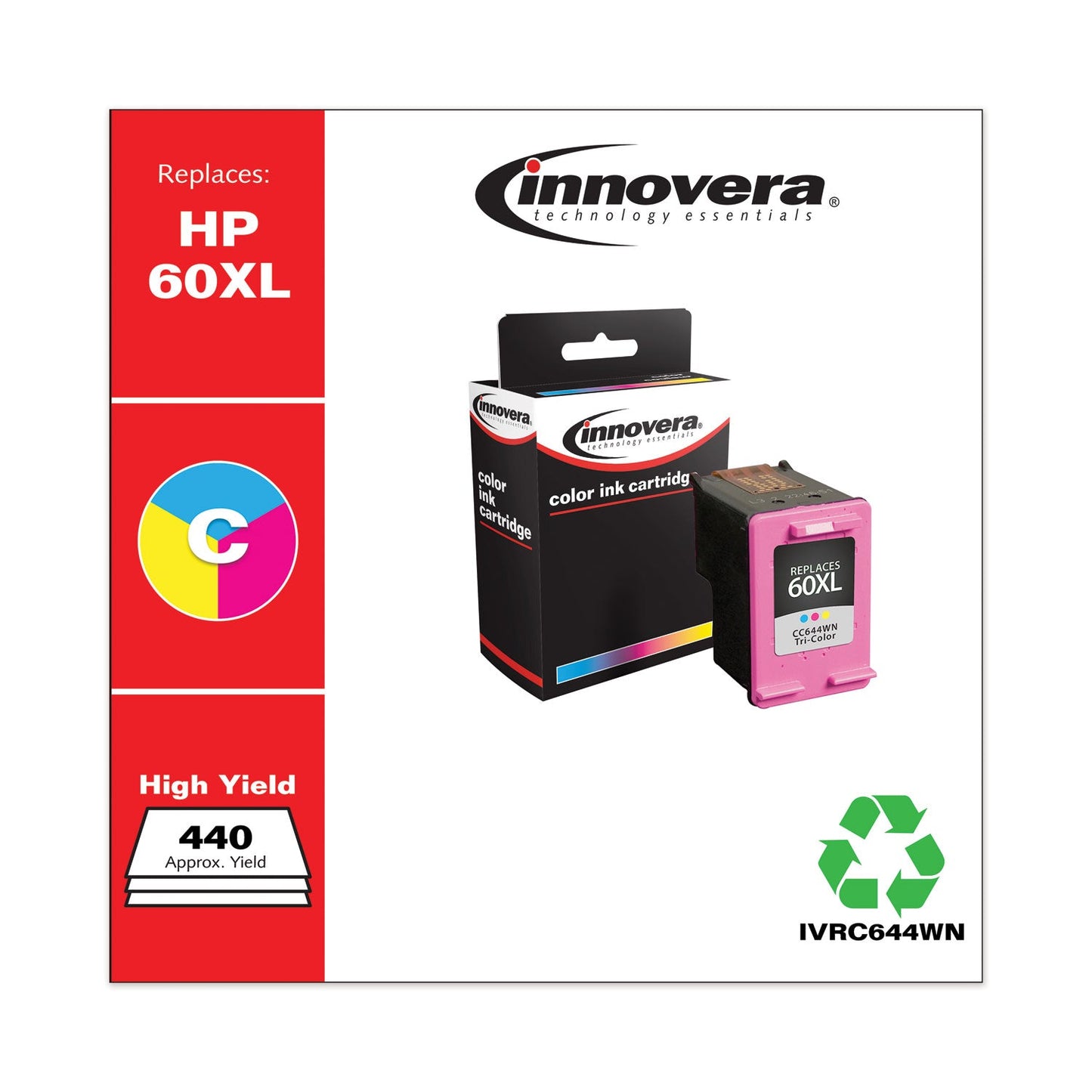 Innovera Remanufactured Tri-Color High-Yield Ink, Replacement for 60XL (CC644WN), 440 Page-Yield