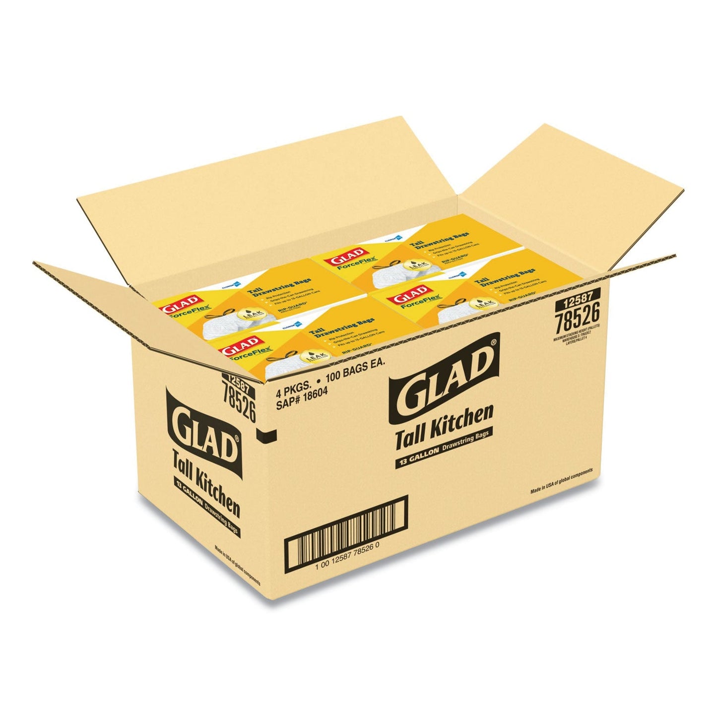 Glad Tall Kitchen Drawstring Trash Bags, 13 gal, 0.72 mil, 24" x 27.38", Gray, 400/Carton