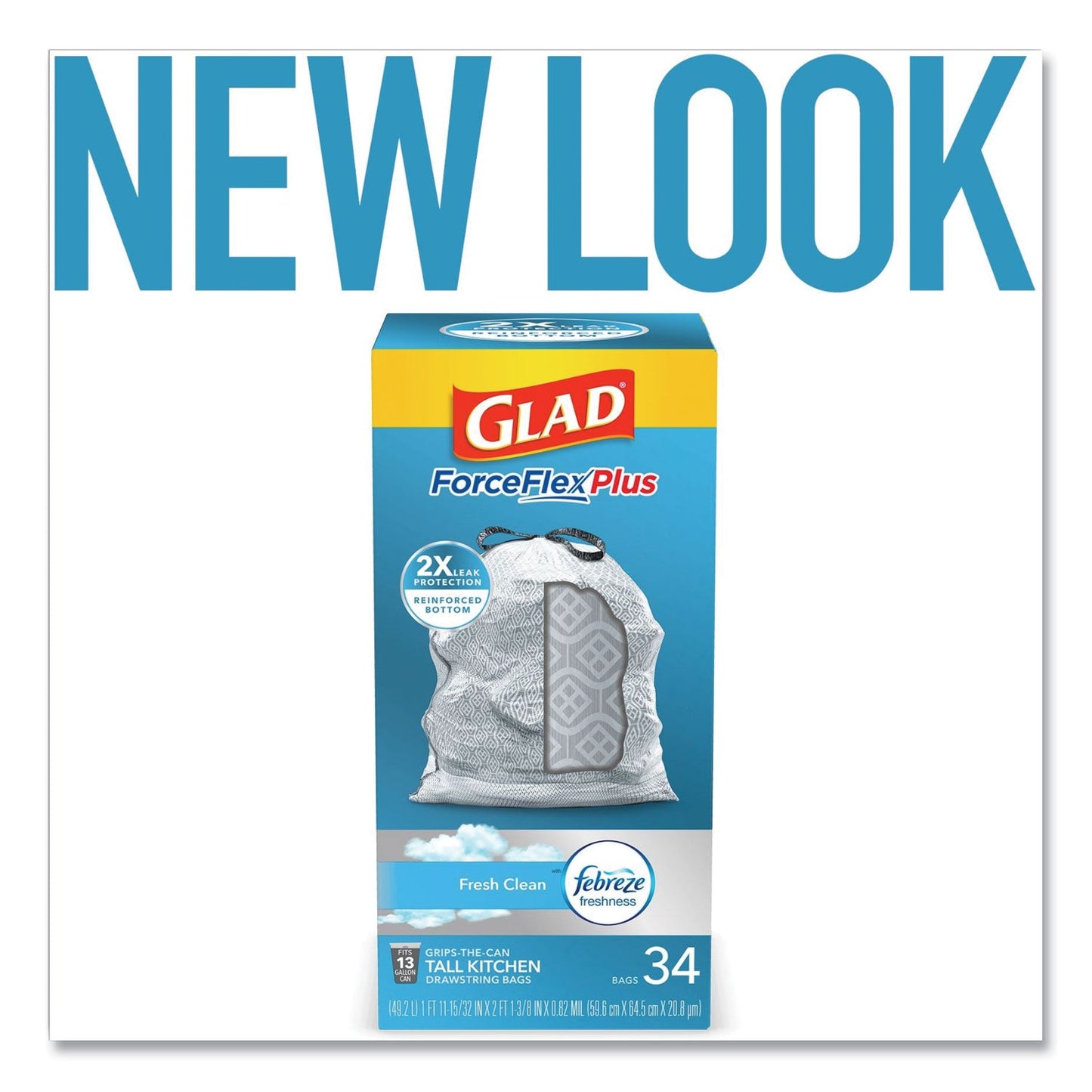 Glad ForceFlexPlus OdorShield Tall Kitchen Drawstring Trash Bags, 13 gal, 0.9 mil, 24" x 28", White, 204/Carton