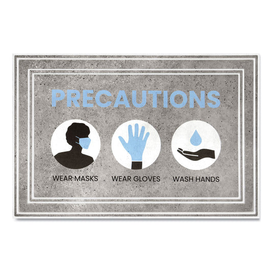 Apache Mills Message Floor Mats, 24 x 36, Gray/Blue, "Precautions Wear Masks Wear Gloves Wash Hands"