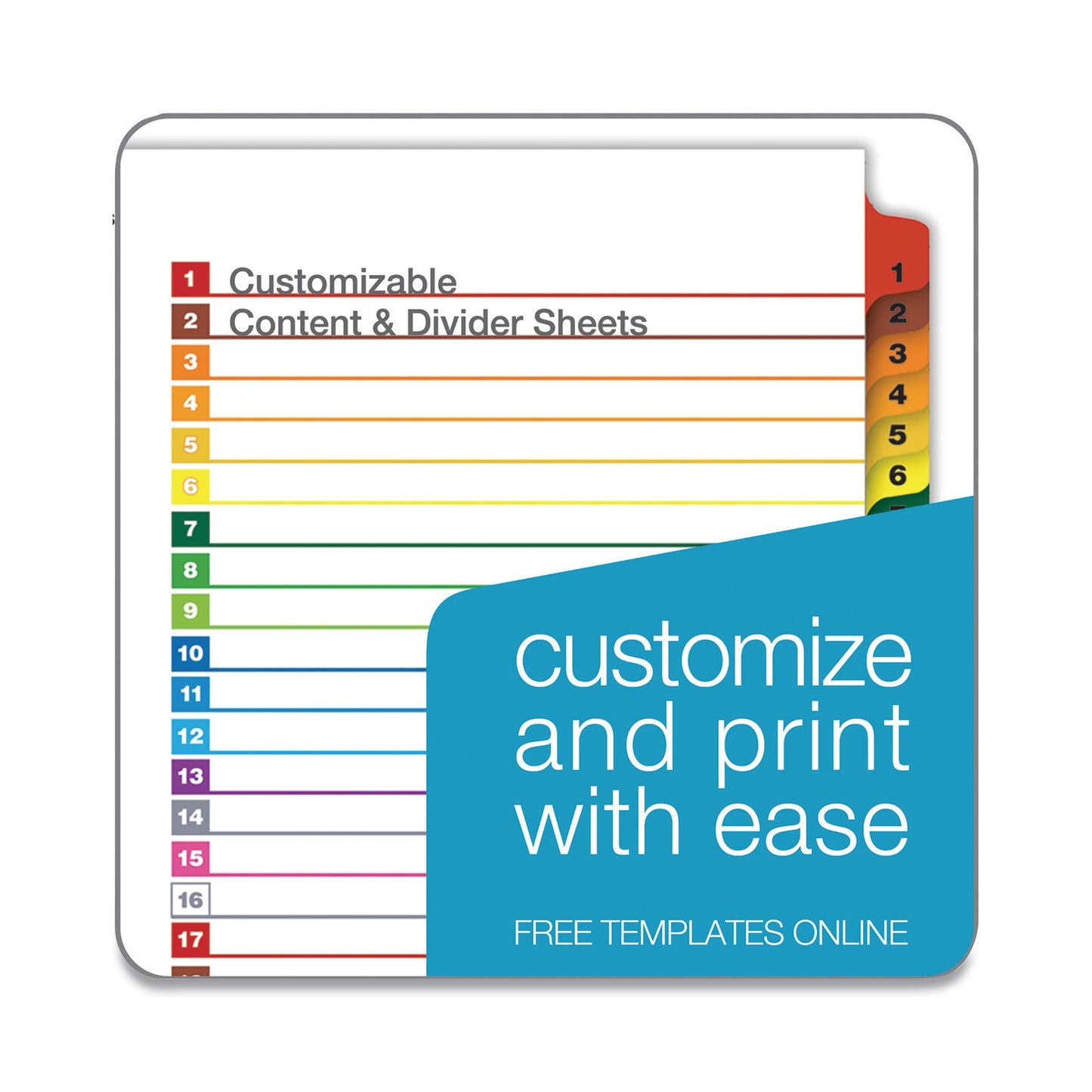 Cardinal OneStep Printable Table of Contents and Dividers, 31-Tab, 1 to 31, 11 x 8.5, White, Assorted Tabs, 1 Set