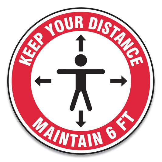 Accuform Slip-Gard Social Distance Floor Signs, 12" Circle, "Keep Your Distance Maintain 6 ft", Human/Arrows, Red/White, 25/Pack