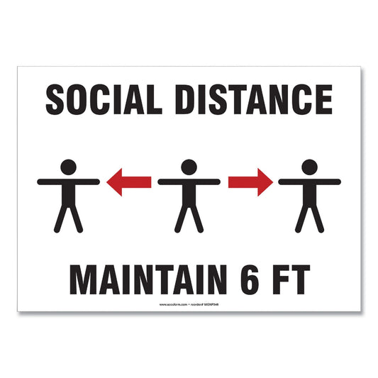 Accuform Social Distance Signs, Wall, 10 x 7, "Social Distance Maintain 6 ft", 3 Humans/Arrows, White, 10/Pack