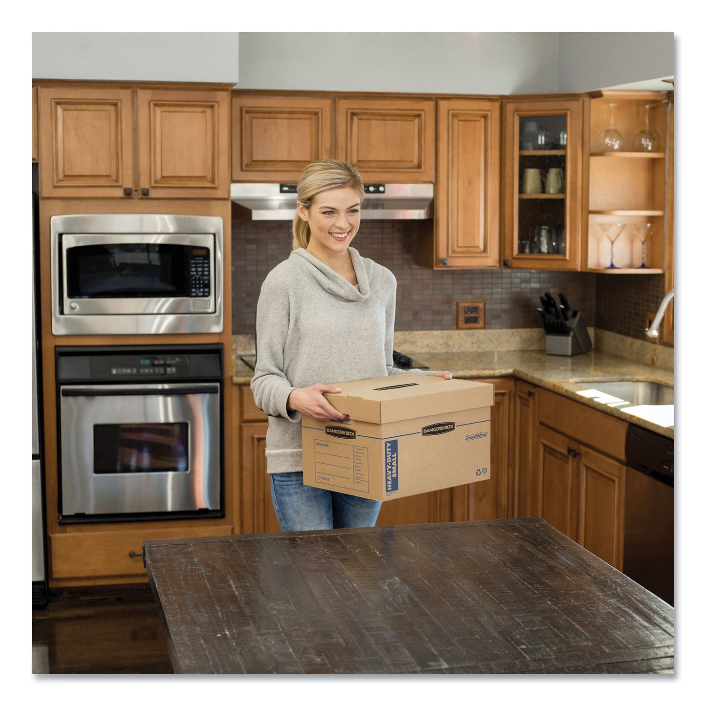 Bankers Box SmoothMove Maximum Strength Moving Boxes, Half Slotted Container (HSC), Medium, 12.25" x 18.5" x 12", Brown/Blue, 8/Pack