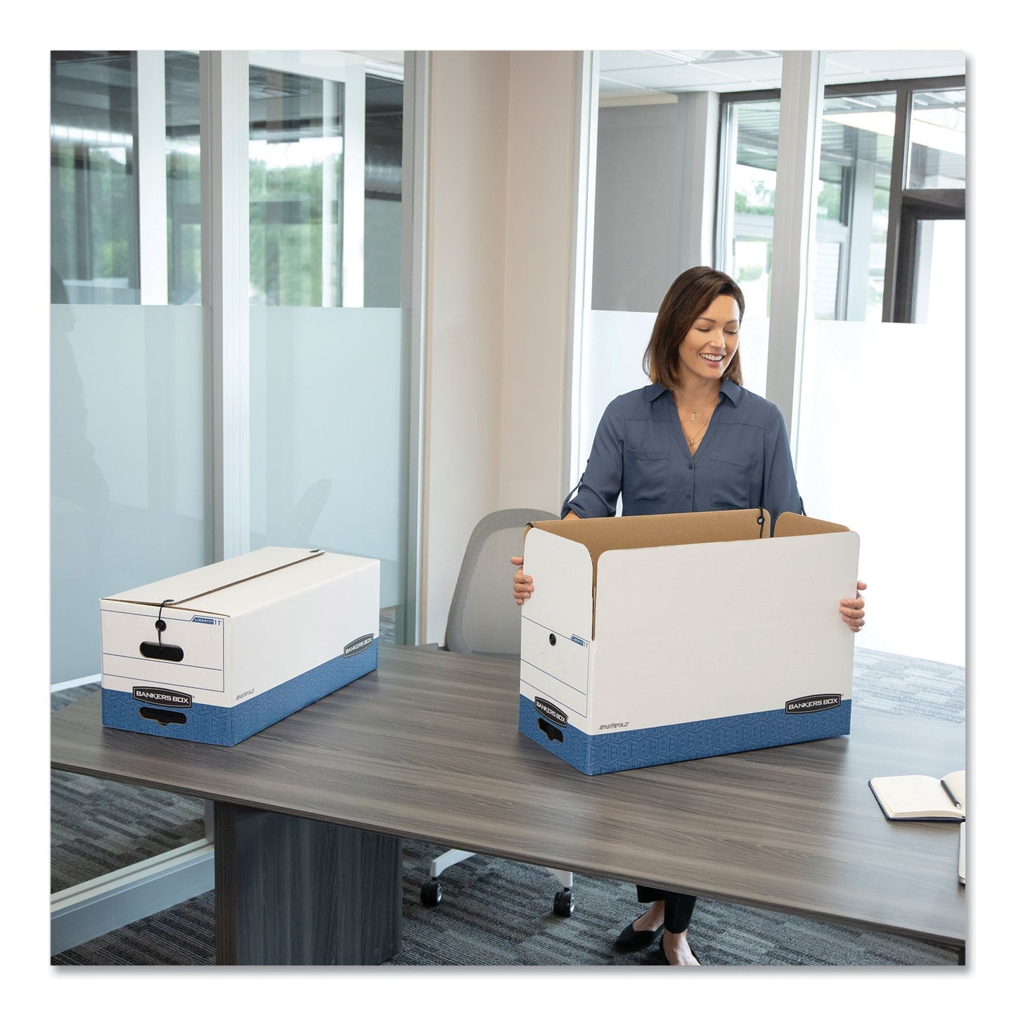 Bankers Box LIBERTY Heavy-Duty Strength Storage Boxes, Letter Files, 12.25" x 24.13" x 10.75", White/Blue, 4/Carton