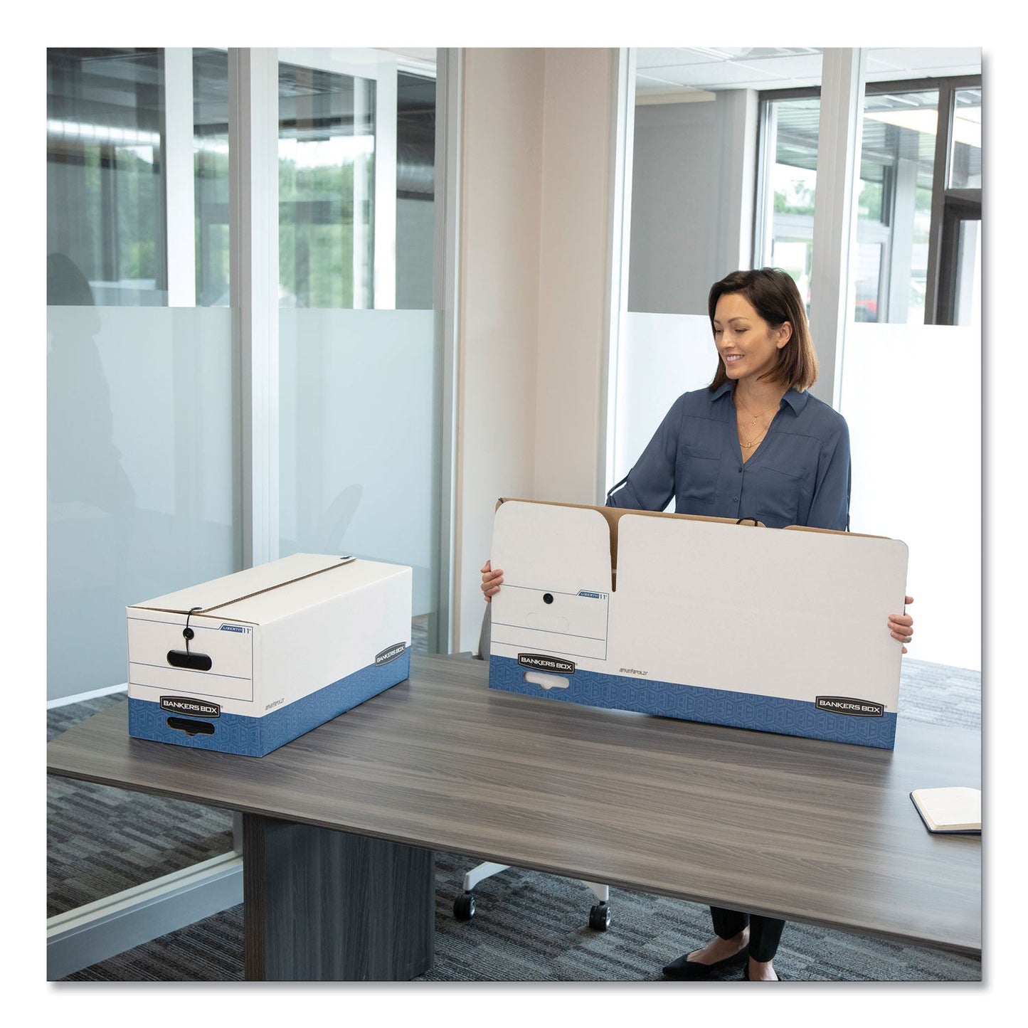 Bankers Box STOR/FILE Medium-Duty Strength Storage Boxes, Legal Files, 15.25" x 19.75" x 10.75", White/Blue, 4/Carton