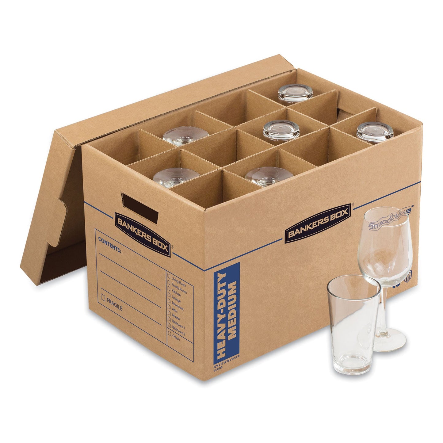Bankers Box SmoothMove Kitchen Moving Kit with Dividers + Foam, Half Slotted Container (HSC), Medium, 12.25" x 18.5" x 12", Brown/Blue
