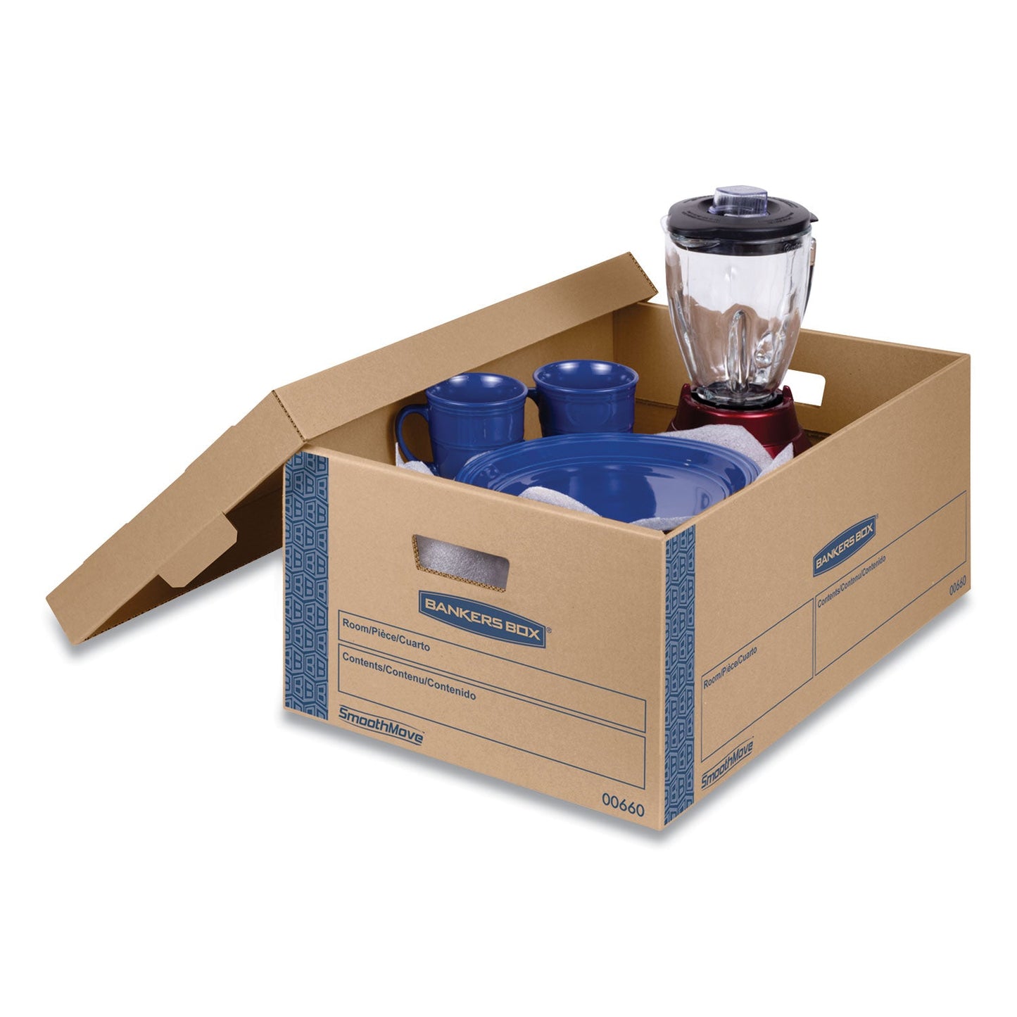 Bankers Box SmoothMove Prime Moving/Storage Boxes, Lift-Off Lid, Half Slotted Container, Large, 15" x 24" x 10", Brown/Blue, 8/Carton