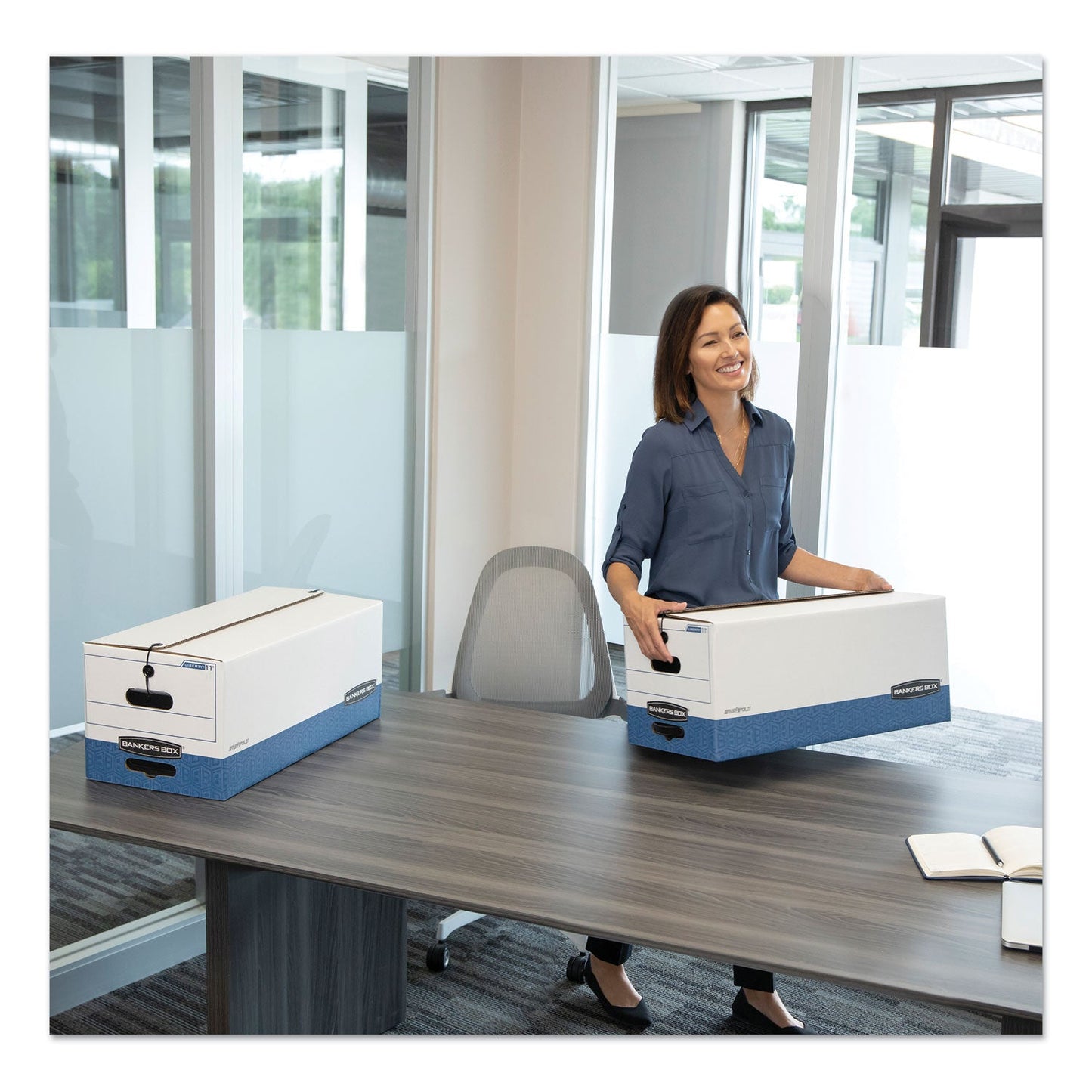 Bankers Box STOR/FILE Medium-Duty Strength Storage Boxes, Legal Files, 15.25" x 19.75" x 10.75", White/Blue, 4/Carton