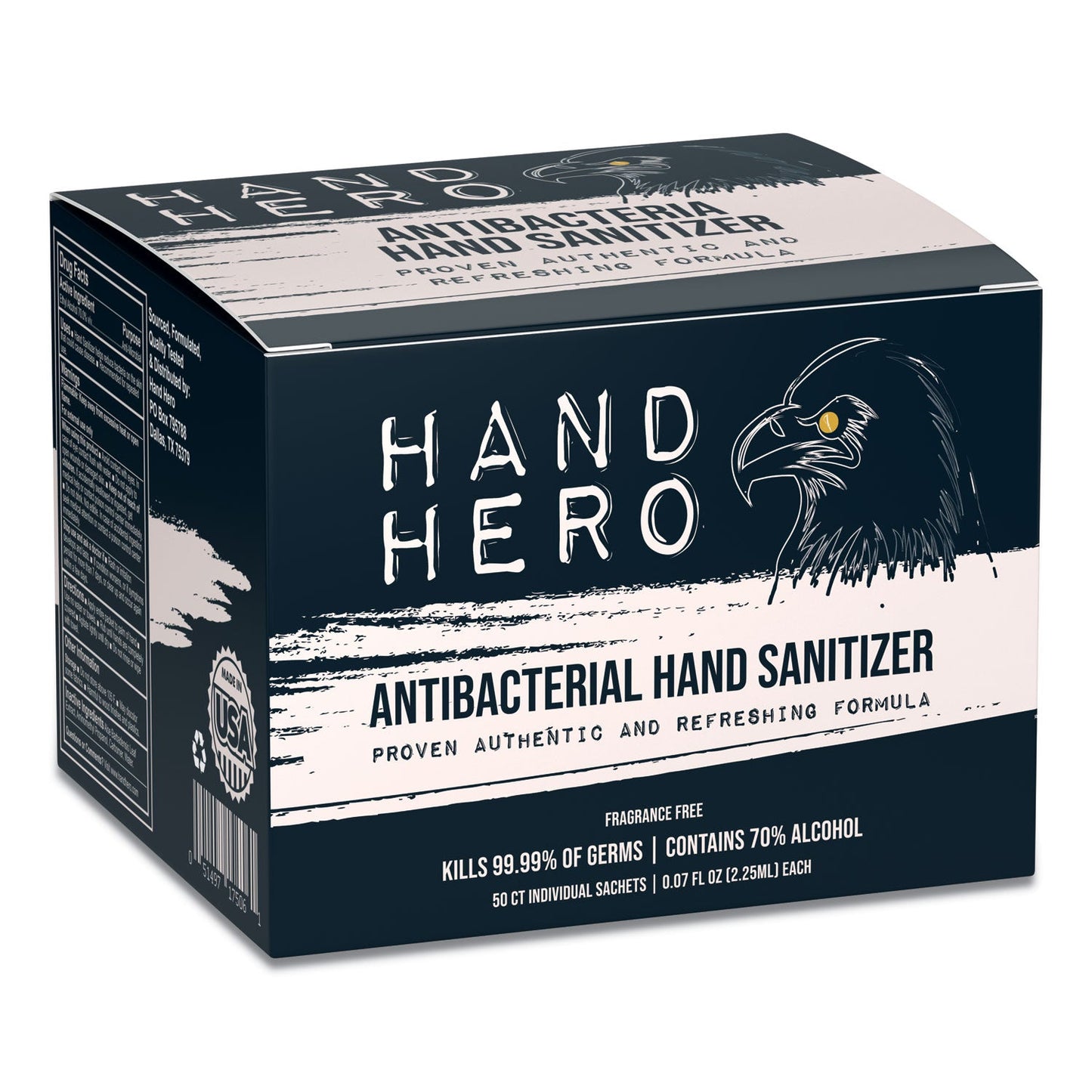 HAND HERO Antibacterial Sachet Gel Hand Sanitizer, 0.07 oz, Unscented, 50/Box