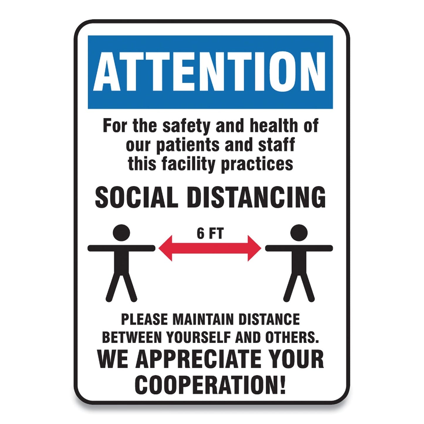 Accuform Social Distance Signs, Wall, 7 x 10, Patients and Staff Social Distancing, Humans/Arrows, Blue/White, 10/Pack