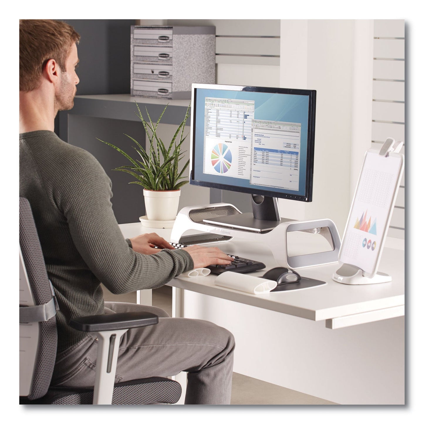 Fellowes I-Spire Series Monitor Lift, 20" x 8.88" x 4.88", White/Gray, Supports 25 lbs
