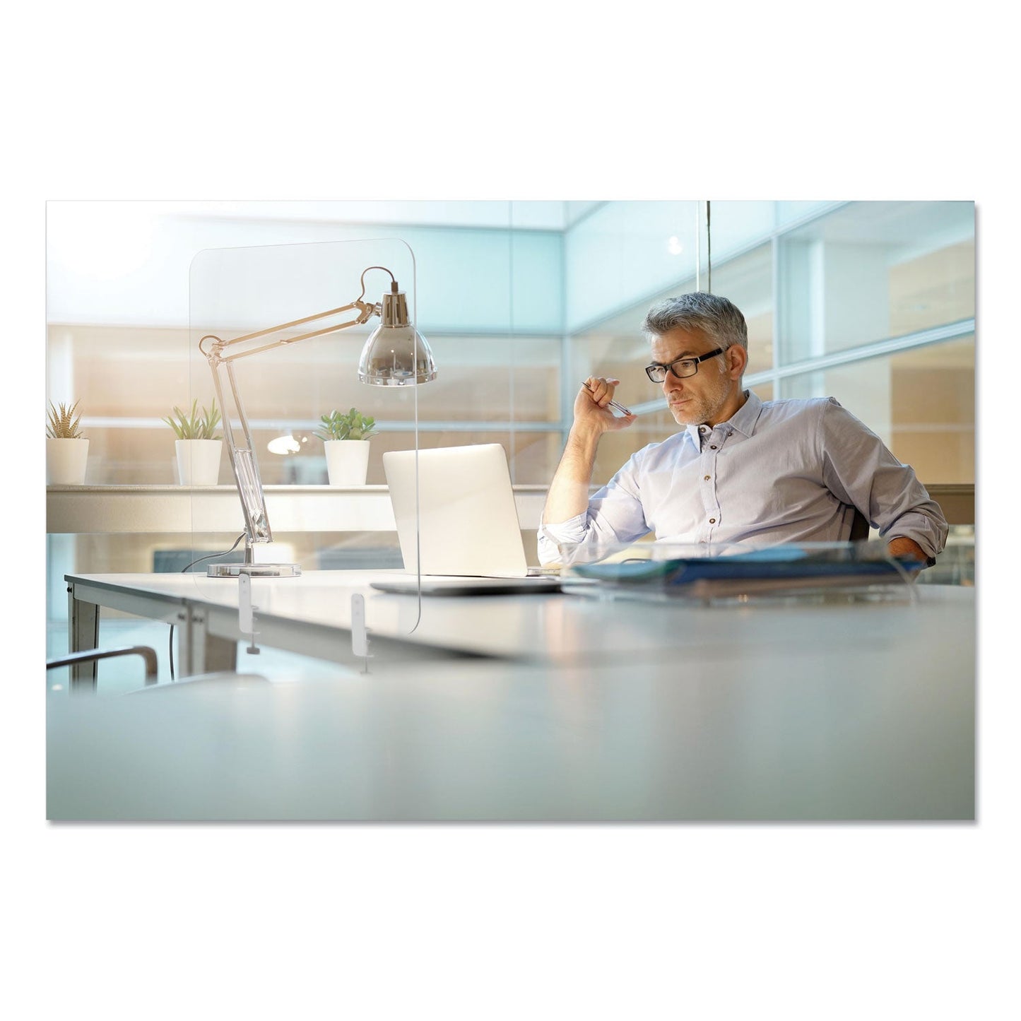 MasterVision Protector Series Frameless Glass Desktop Divider, 35.4 x 0.16 x 35.4, Clear/Aluminum