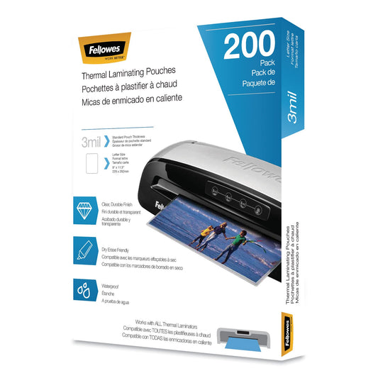 Fellowes Laminating Pouches, 3 mil, 9" x 11.5", Gloss Clear, 200/Pack