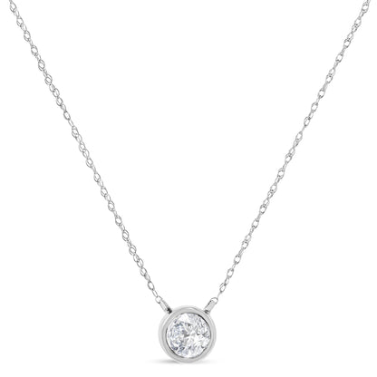 AGS Certified 10K White Gold 1/5 Cttw Bezel Set Round Diamond Solitaire 16-18" Adjustable Pendant Necklace (H-I Color, SI1-SI2 Clarity)