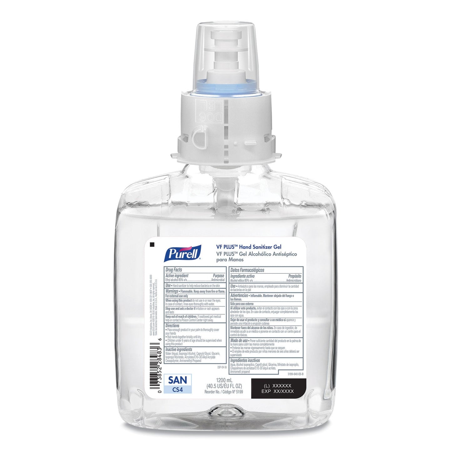 PURELL VF PLUS Gel Hand Sanitizer, 1,200 mL Refill Bottle, Fragrance-Free, For CS4 Dispensers, 4/Carton
