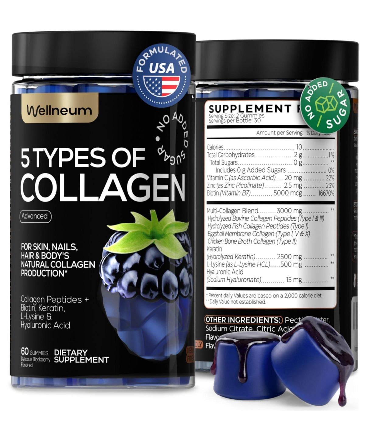 Collagen Peptides Gummies Sugar Free 3000mg Multi Collagen Blend for Hair Skin & Nails Support  2500mg Keratin  5000mcg Biotin, Hyaluronic Acid, Vitamin C & Zinc, 60 Gummies (Packaging May Vary)