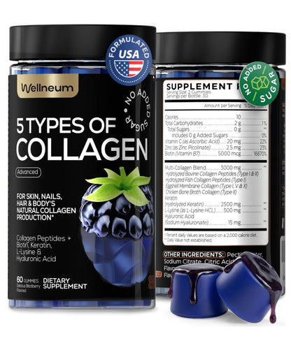 Collagen Peptides Gummies Sugar Free 3000mg Multi Collagen Blend for Hair Skin & Nails Support  2500mg Keratin  5000mcg Biotin, Hyaluronic Acid, Vitamin C & Zinc, 60 Gummies (Packaging May Vary)