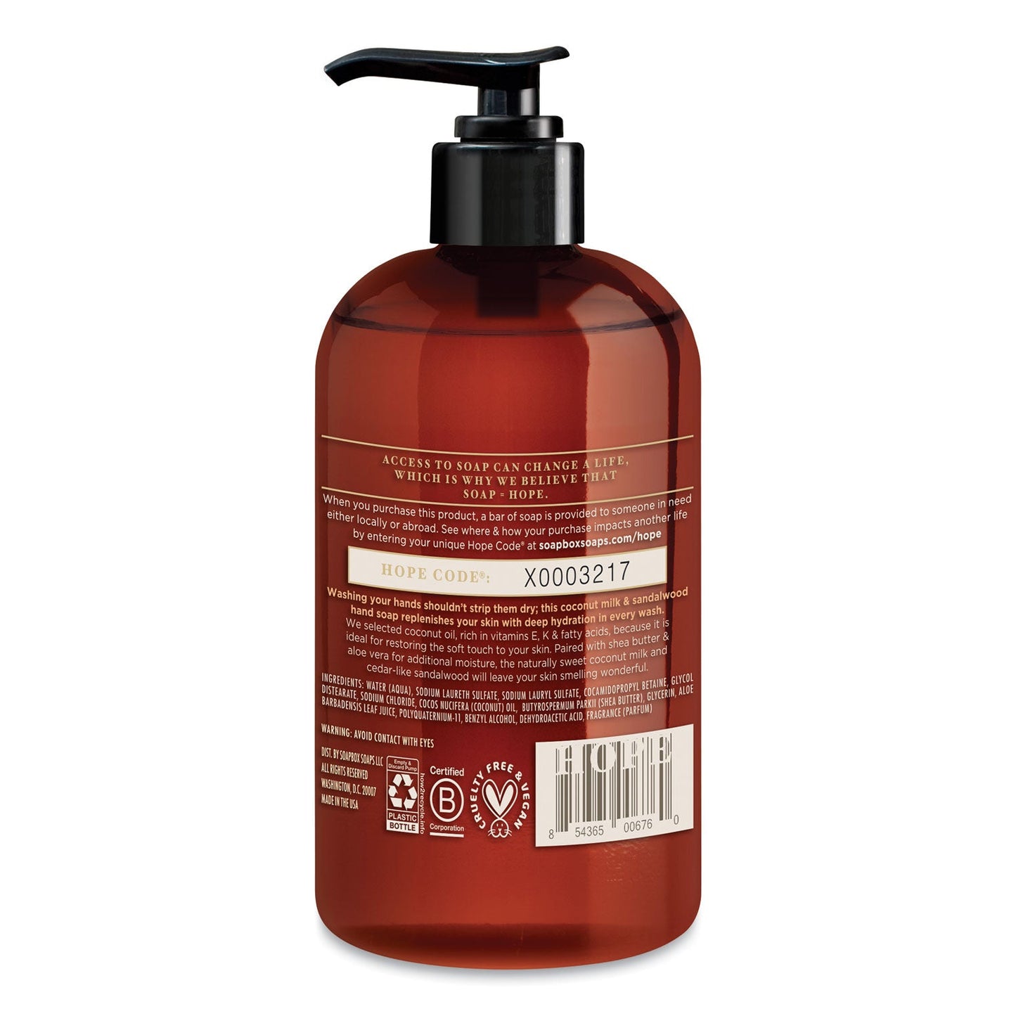 Soapbox Hand Soap, Coconut Milk and Sandalwood, 12 oz Pump Bottle, 12/Carton