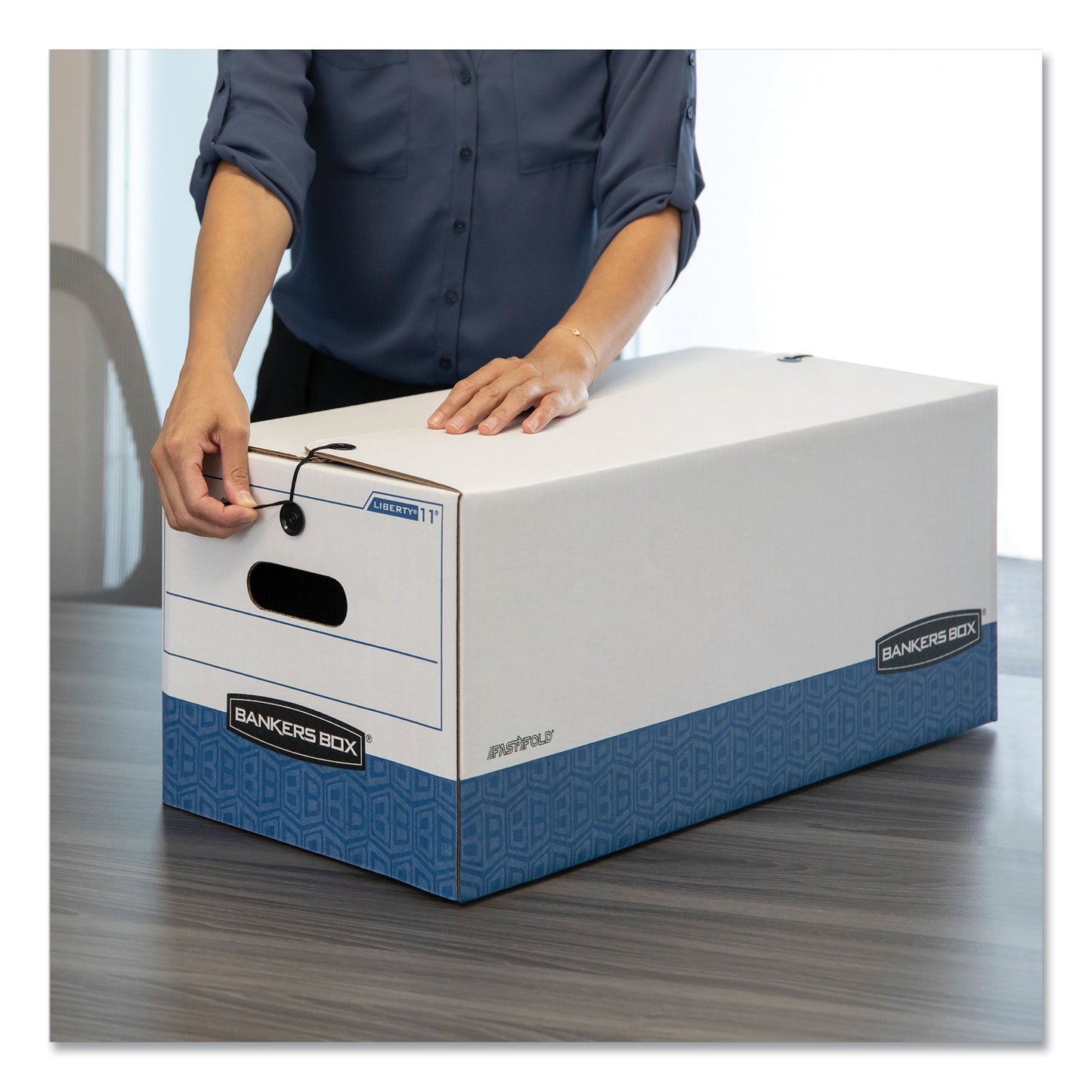 Bankers Box LIBERTY Heavy-Duty Strength Storage Boxes, Legal Files, 15.25" x 24.13" x 10.75", White/Blue, 4/Carton