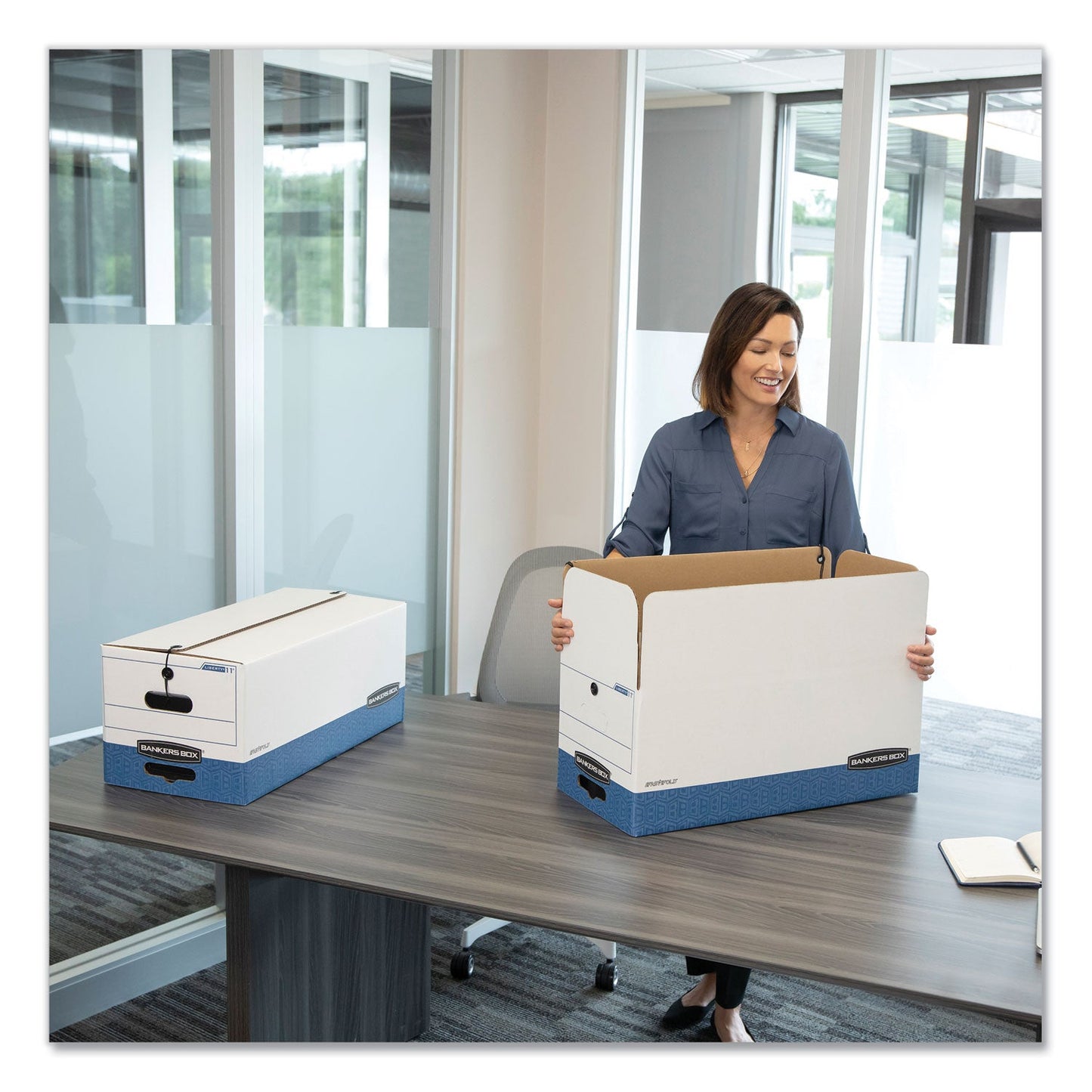 Bankers Box LIBERTY Heavy-Duty Strength Storage Boxes, Legal Files, 15.25" x 24.13" x 10.75", White/Blue, 4/Carton