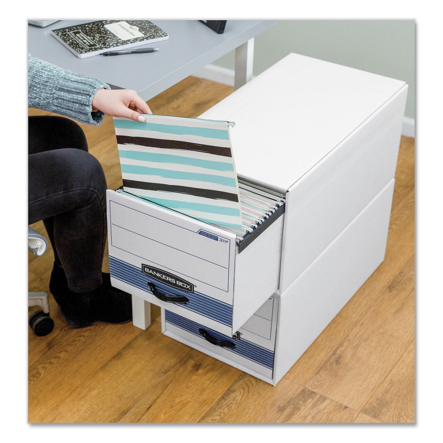 Bankers Box STOR/DRAWER STEEL PLUS Extra Space-Savings Storage Drawers, Legal Files, 17" x 25.5" x 11.5", White/Blue, 6/Carton