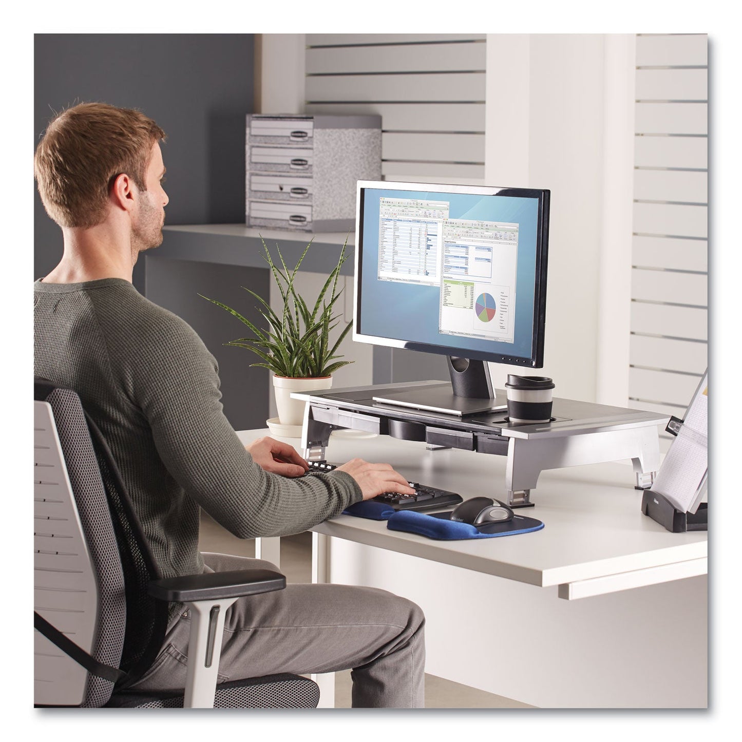 Fellowes Office Suites Premium Monitor Riser, 27" x 14" x 4" to 6.5", Black/Silver