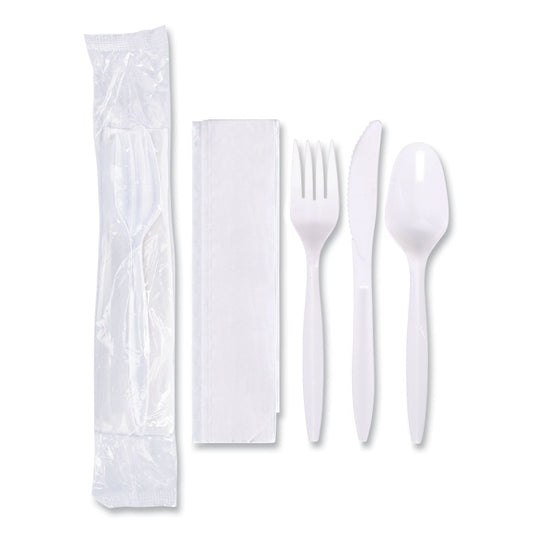 Hoffmaster Economy Cutlery Kit, Fork/Knife/Spoon/Napkin, White, 250/Carton