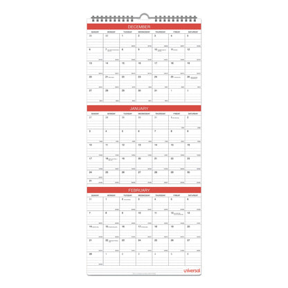 Universal 3-Month Wall Calendar, 12 x 27, White/Black/Red Sheets, 14-Month (Dec to Jan): 2022 to 2024