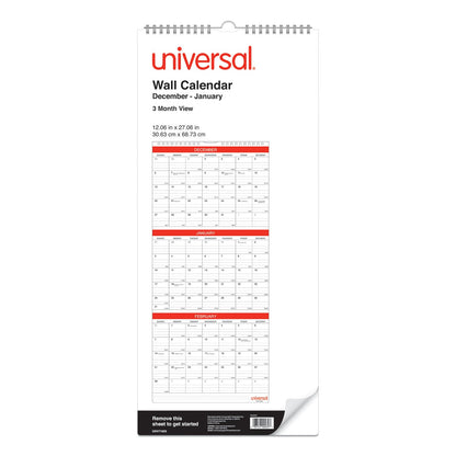 Universal 3-Month Wall Calendar, 12 x 27, White/Black/Red Sheets, 14-Month (Dec to Jan): 2022 to 2024