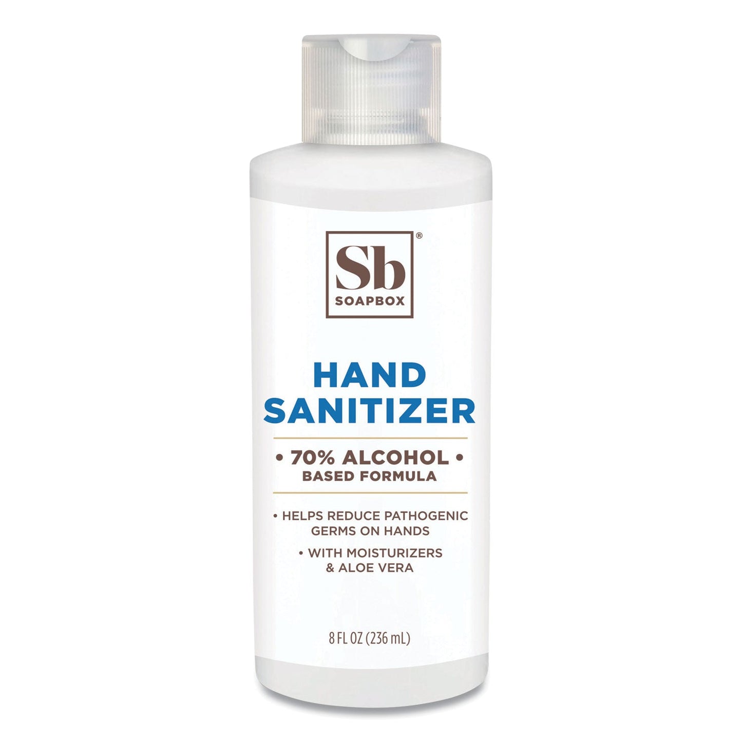 Soapbox Gel Hand Sanitizer, 8 oz Bottle with Dispensing Cap, Unscented, 24/Carton