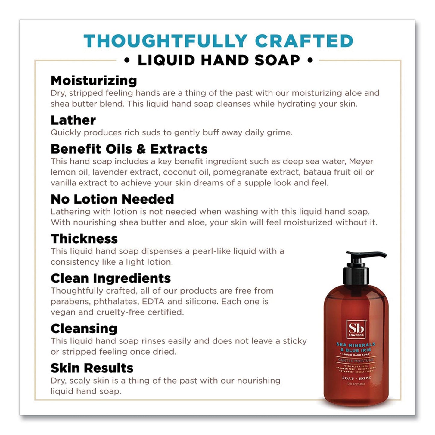 Soapbox Hand Soap, Sea Minerals and Blue Iris, 12 oz Pump Bottle