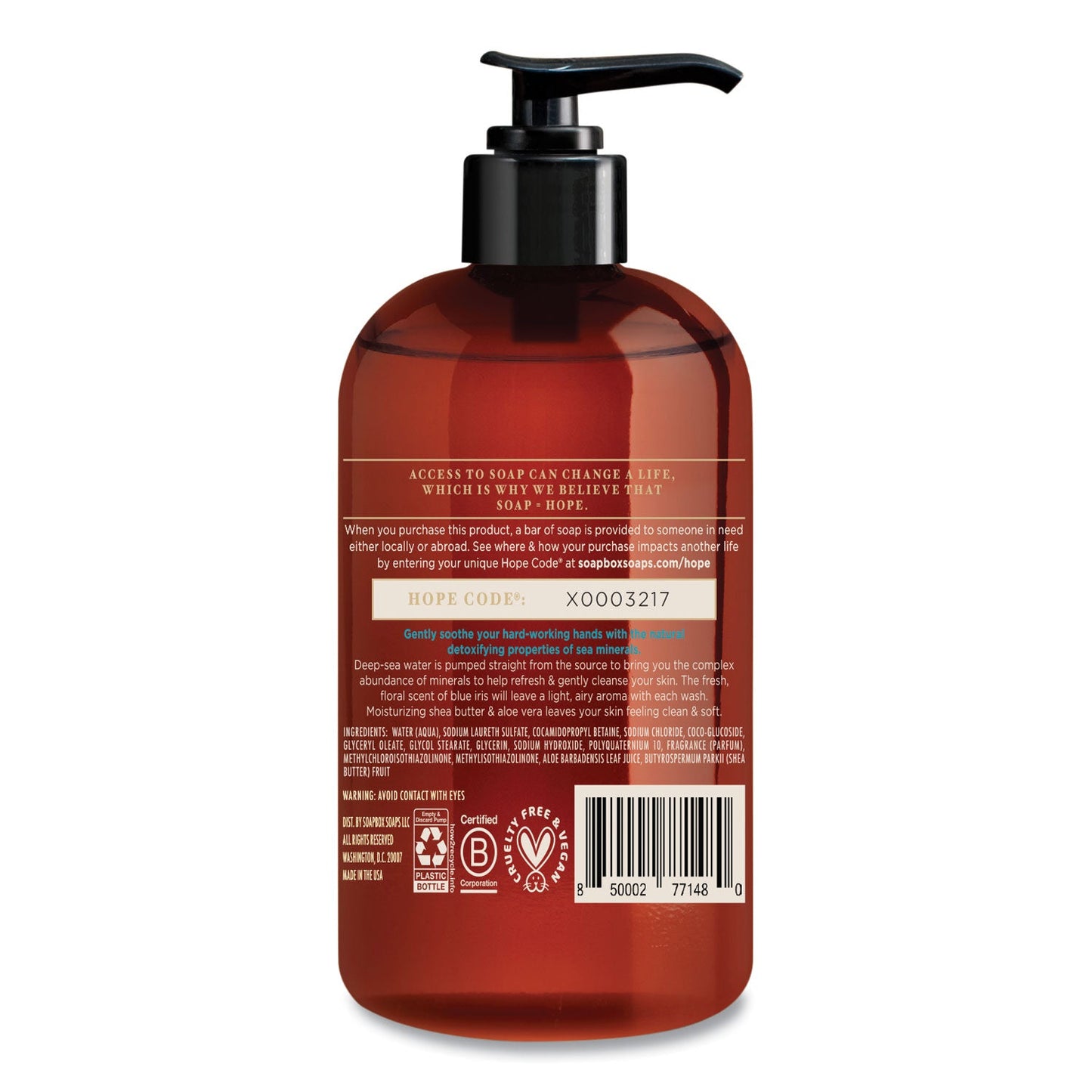 Soapbox Hand Soap, Sea Minerals and Blue Iris, 12 oz Pump Bottle, 12/Carton