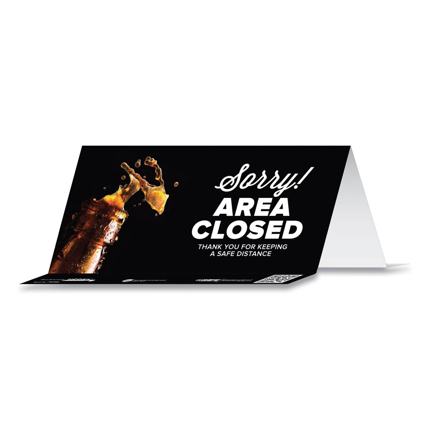 Tabbies BeSafe Messaging Table Top Tent Card, 8 x 3.87, Sorry! Area Closed Thank You For Keeping A Safe Distance, Black, 100/Carton