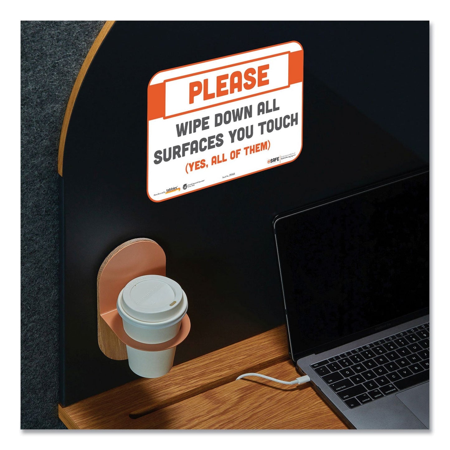 Tabbies BeSafe Messaging Repositionable Wall/Door Signs, 9 x 6, Please Wipe Down All Surfaces You Touch, White, 3/Pack