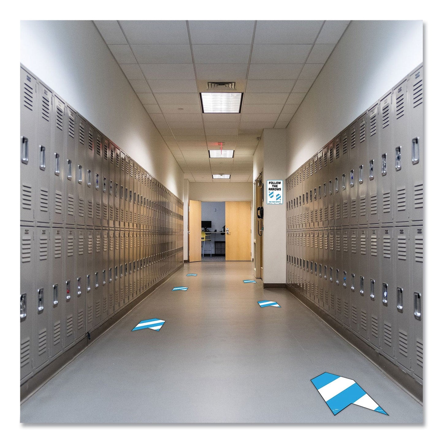 Tabbies BeSafe Messaging Education Floor Arrows and Wall Sign, Follow The Arrows For Your Safety, 12x18, White/Blue, 6 Arrows, 1 Sign