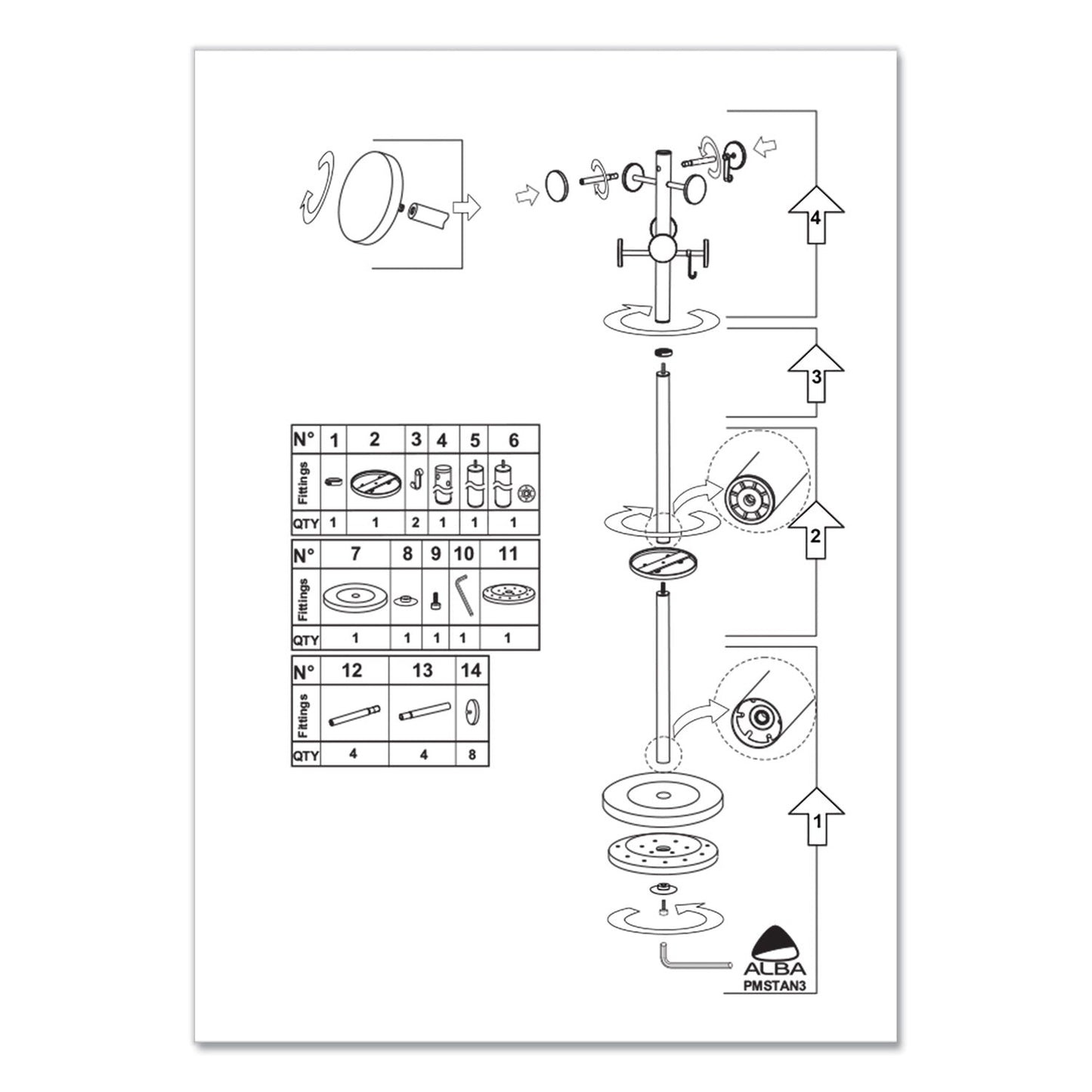 Alba Stan3 Steel Coat Rack, Stand Alone Rack, Eight Knobs, 15w x 15d x 69.3h, Black