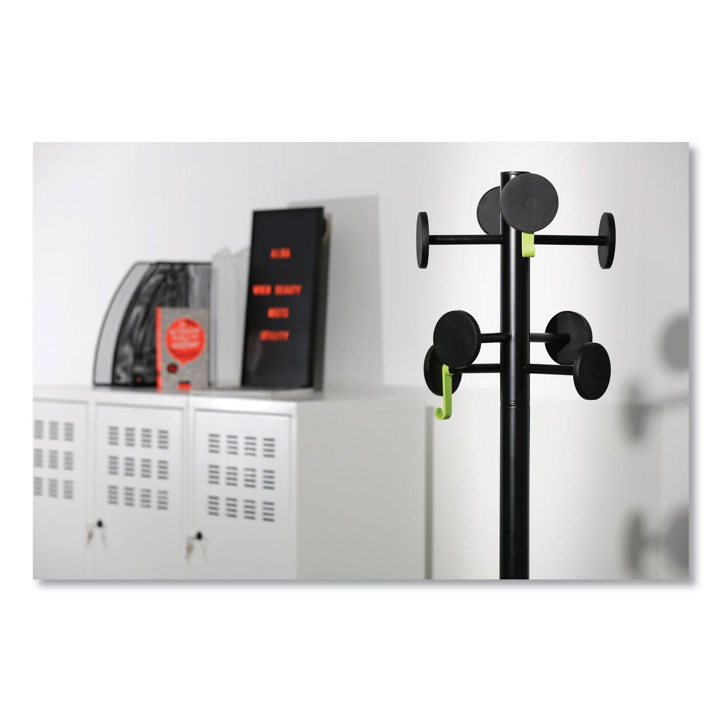 Alba Stan3 Steel Coat Rack, Stand Alone Rack, Eight Knobs, 15w x 15d x 69.3h, Black