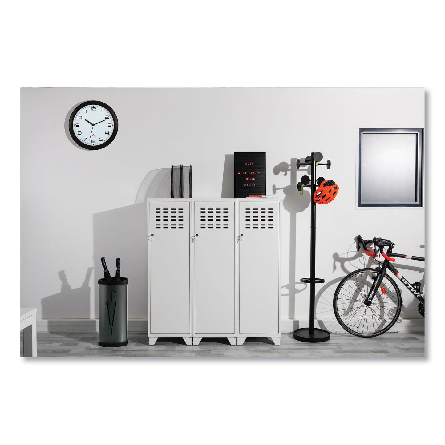 Alba Stan3 Steel Coat Rack, Stand Alone Rack, Eight Knobs, 15w x 15d x 69.3h, Black