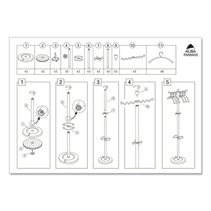 Alba Wavy Coat Tree, Six Hangers/Two Knobs/Four Hooks, 18.88w x 14d x 68.5h, Silver/Wood