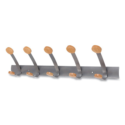 Alba Wooden Coat Hook, Five Wood Peg Wall Rack, Brown/Silver