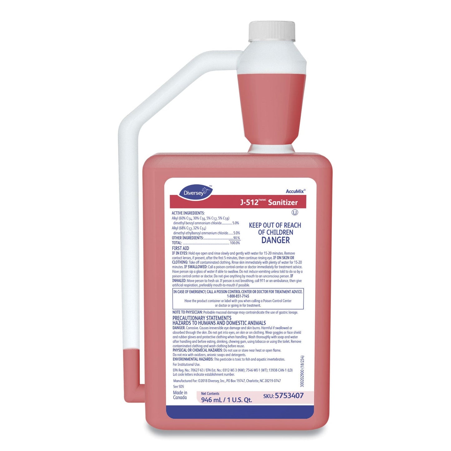 Diversey J-512TM/MC Santizer, 32 oz AccuMix Bottle, 6/Carton