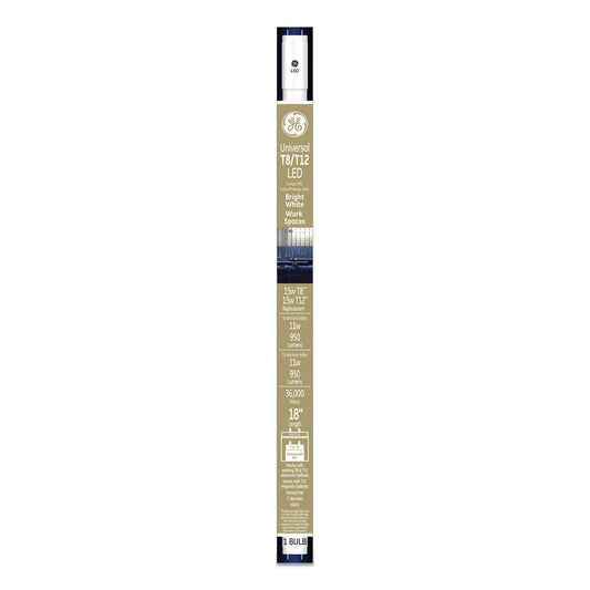 GE 18" T8/T12, 15 W, T8 Tube, Bright White, 6/Carton