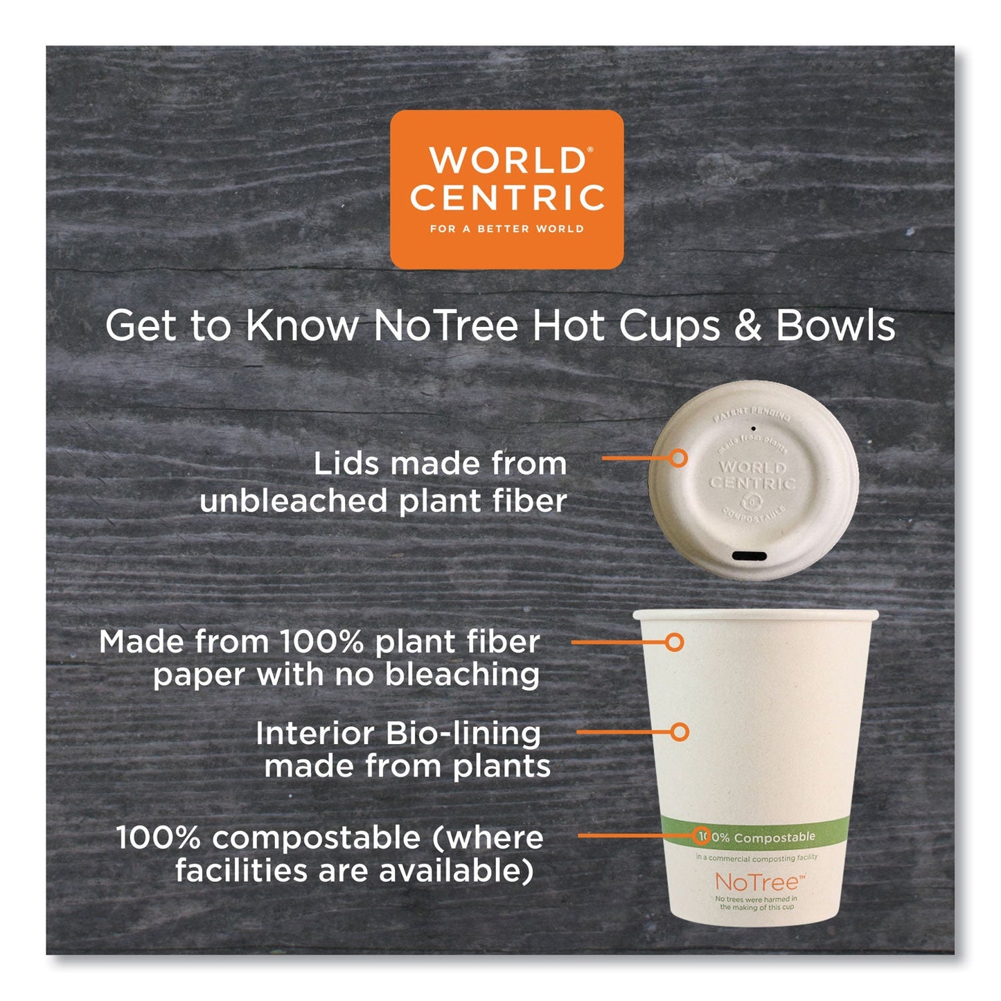 World Centric No Tree Paper Bowls, 16 oz, 4.4" Diameter x 3"h, Natural, Sugarcane, 500/Carton