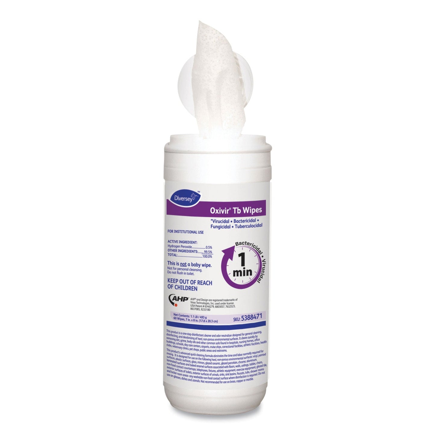 Diversey Oxivir TB Disinfectant Wipes, 7 x 6, White, 60/Canister, 12 Canisters/Carton
