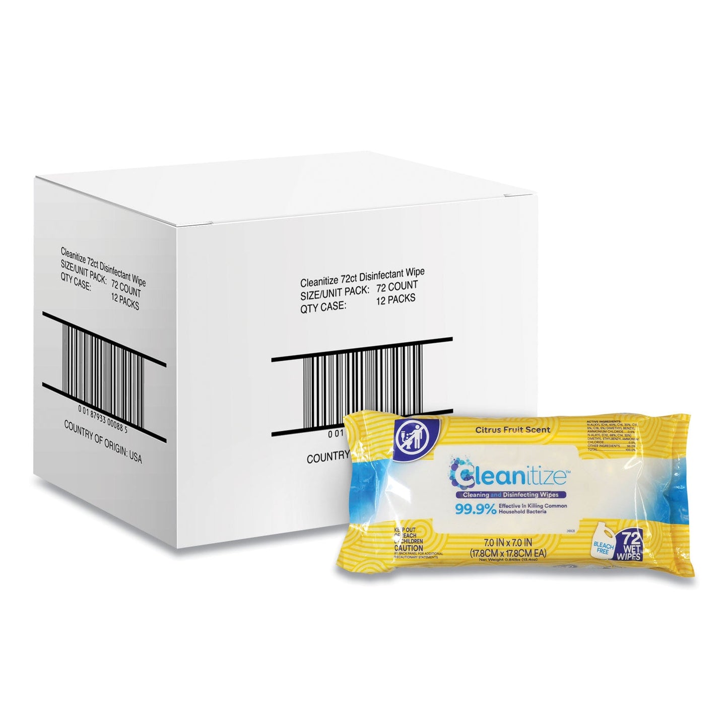 Cleanitize Disinfectant Surface Wipes, 7 x 7, Citrus Fruit Scent, White, 72/Pack, 12 Packs/Carton